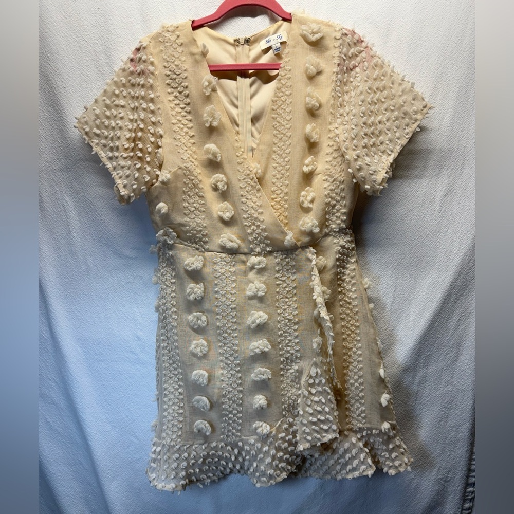 Whimsical Barbie Vibe Cottagecore Cream Textured 3D Pom-Pom Wrap Mini Dress Line - Picture 2 of 8